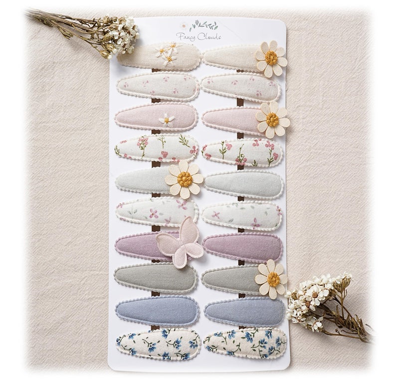 Fancy Clouds 20 Pack Baby Hair Clips for Girls Toddler,Neutral Fabric Snap Clips Pins With Embroidery Daisy Flower Butterfly,Handmade Hair Accessories Barrettes for School Age Kids Children Gifts - Image 1