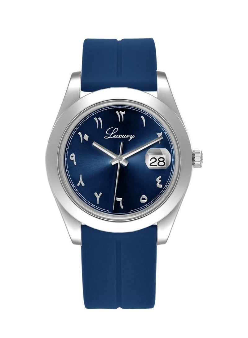 Men's rubber wristwatch with Arabic numerals -water resistant, high quality, blue strap with blue dial