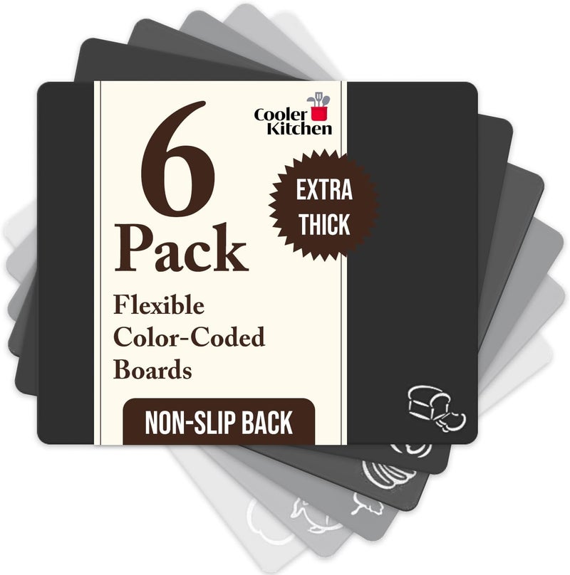 Cooler Kitchen Extra Thick Flexible Plastic Cutting Board Mats with Food Icons & EZ-Grip Waffle Back, (Set of 6) Dishwasher Safe - Image 1