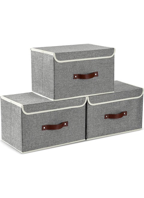 3pc Storage Bins with Lids, Foldable Storage Boxes with Lids and Leather Handle, Closet Organizers for Clothes Storage, Linen Fabric Storage Baskets Washable 38cm×25cm×25cm