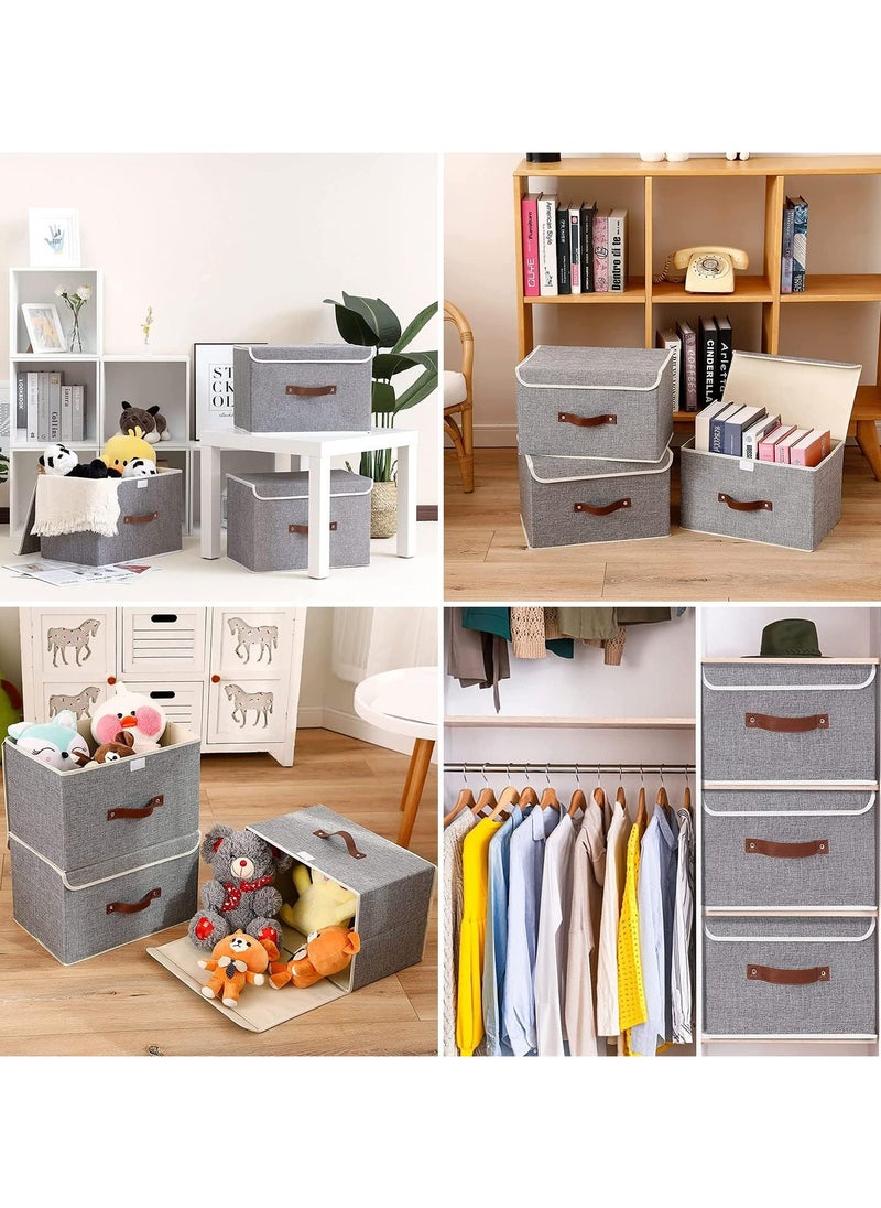 3pc Storage Bins with Lids, Foldable Storage Boxes with Lids and Leather Handle, Closet Organizers for Clothes Storage, Linen Fabric Storage Baskets Washable 38cm×25cm×25cm