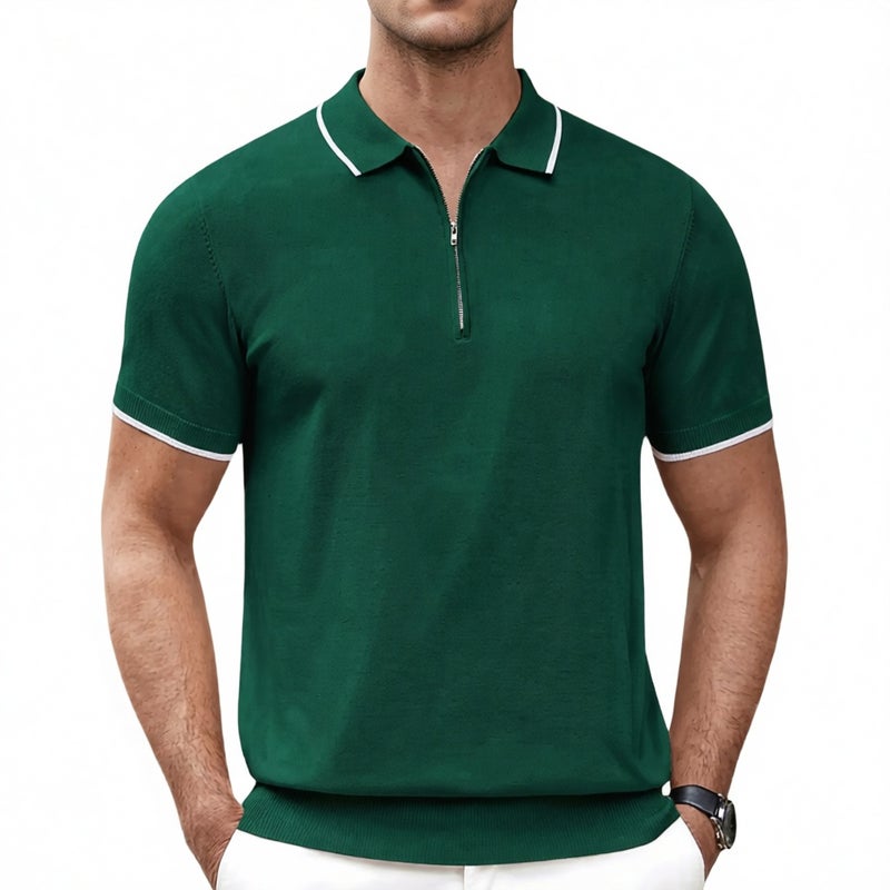 Men's Summer Half Zip Knit Polo Shirt Casual Business Top - Image 1