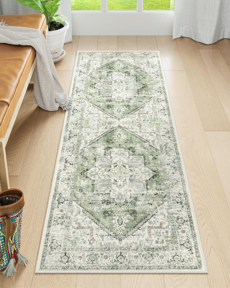 LIVEBOX Washable Runner 2x6  Vintage Tribal Kitchen Rug Long Entryway LowPile for Bedroom NonSkid Soft Carpet Throw for Bathroom Laundry Room Hallway Sage