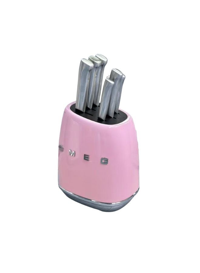 SMEG Knife Set KBSF02PK– Premium 6-Piece Stainless Steel Knife Block, Italian Design, Ergonomic Handles, Durable and Sharp Blades, Powder Pink - Image 1