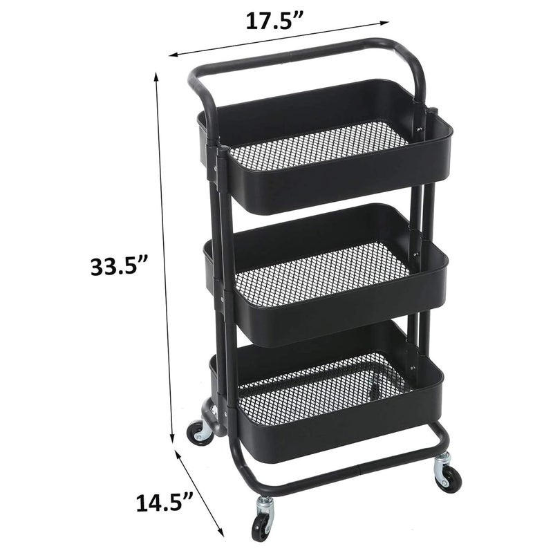 AASHRO MALL Metal Rolling Utility Cart 3 Tier Mobile Storage Trolley Cart Organizer with Handle and Lockable Wheels for Home Bathroom Kitchen Office Library Salon Outdoor Use Cosmic Black - Image 5
