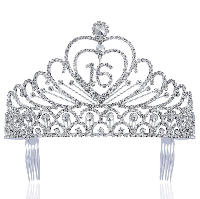 Janefashions Sweet Sixteen 16 Years Old 16th Birthday Party Clear White Austrian Rhinestone Crystal Metal Tiara Crown With Hair Combs Princess Silver T1629 - Image 1