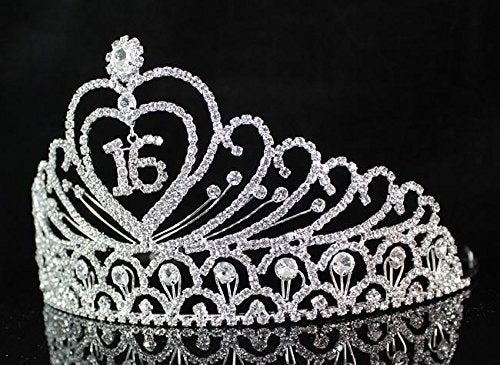 Janefashions Sweet Sixteen 16 Years Old 16th Birthday Party Clear White Austrian Rhinestone Crystal Metal Tiara Crown With Hair Combs Princess Silver T1629 - Image 3