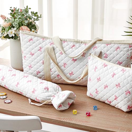 Shinylin 3 Pcs Empty Mahjong Bag Set Thickened Mini Bow Quilted Carrying Bag Set with Two Wrappers Card Bags Mahjong Racks and Card Pusher Drawstring Bags Case Only - Image 5