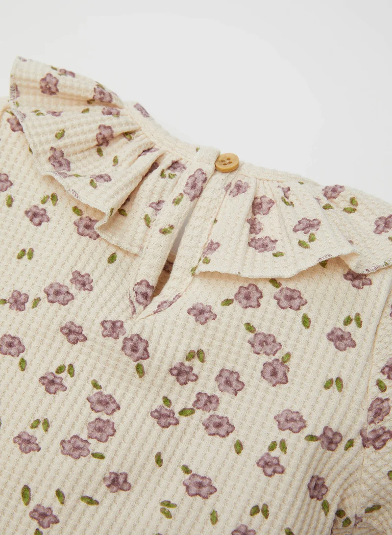 ديفاكتو Frilled Collar Floral Waffle Long Sleeve T-Shirt