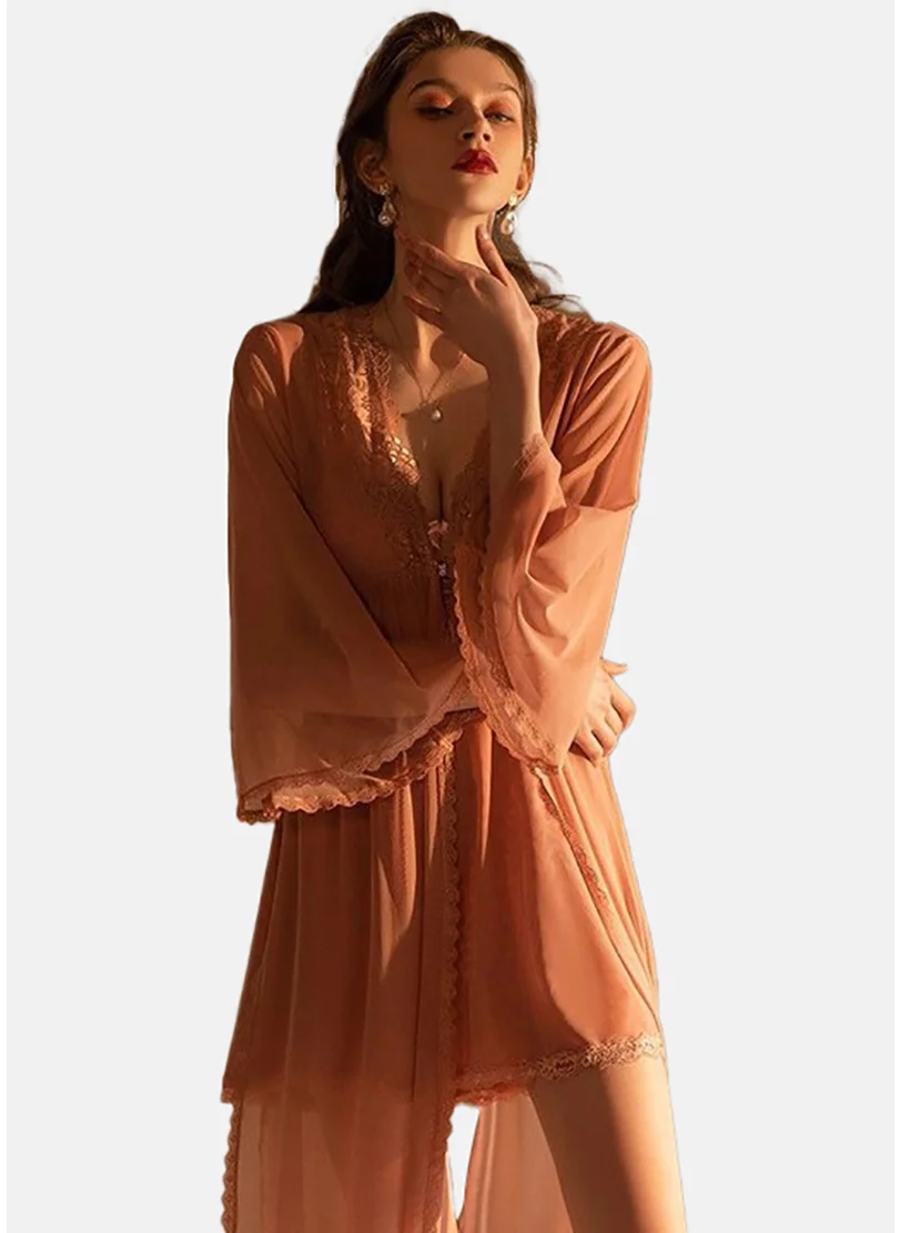 YUNIQEE Peach Solid Babydoll with Robe