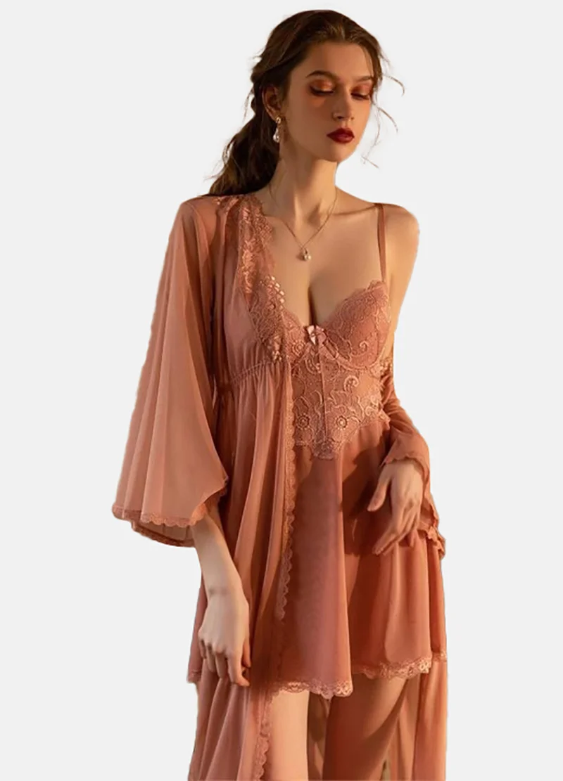 YUNIQEE Peach Solid Babydoll with Robe