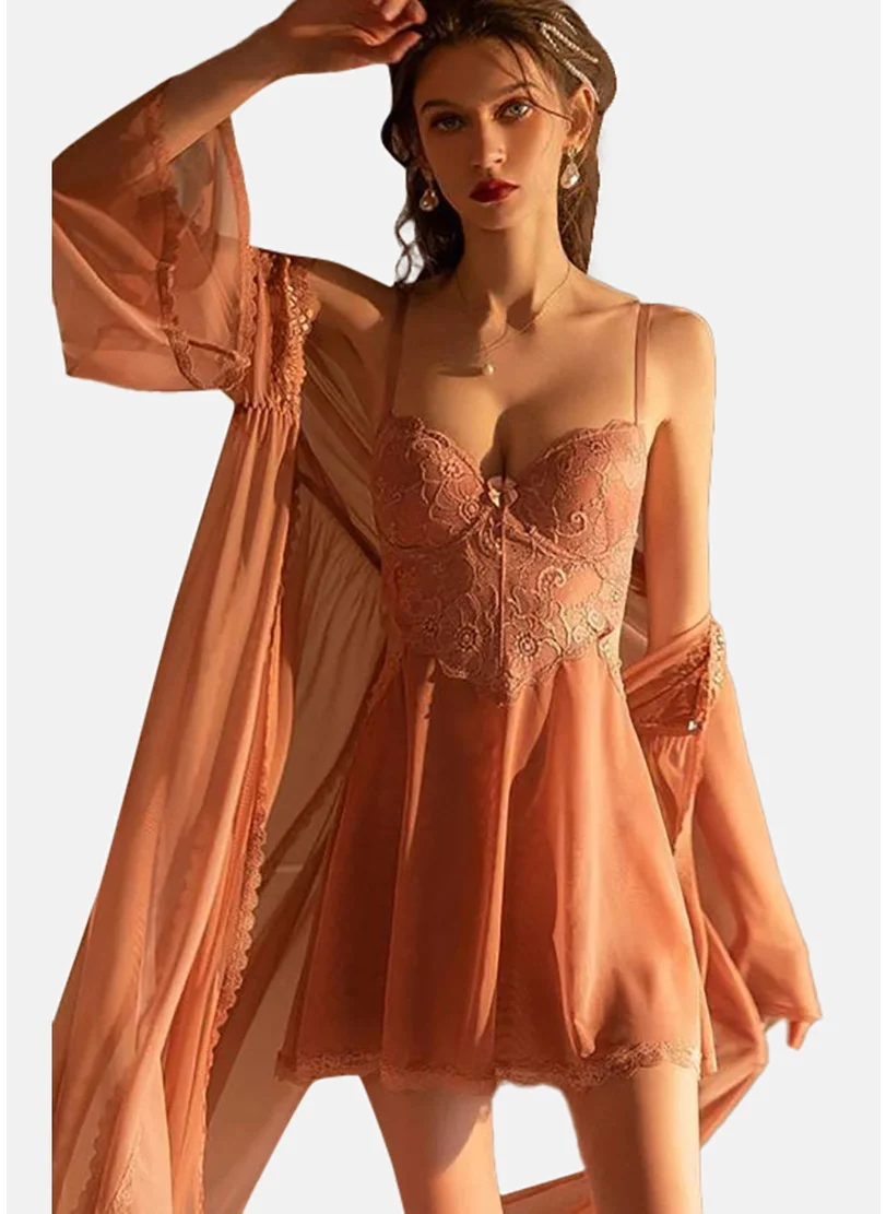 YUNIQEE Peach Solid Babydoll with Robe