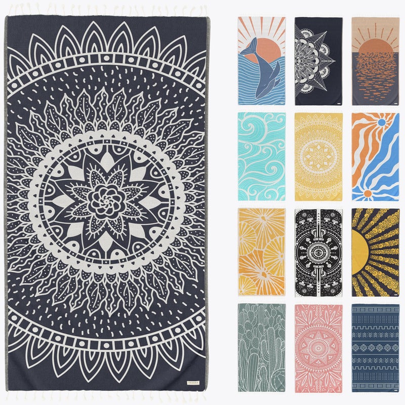 FESHKA Sand Free Turkish Beach Towel 37 x 67 Quick Dry Bath Towel Oversized Beach Blanket Lightweight for Travel  Made with 100 Organic Turkish Cotton  Sunflower Navy