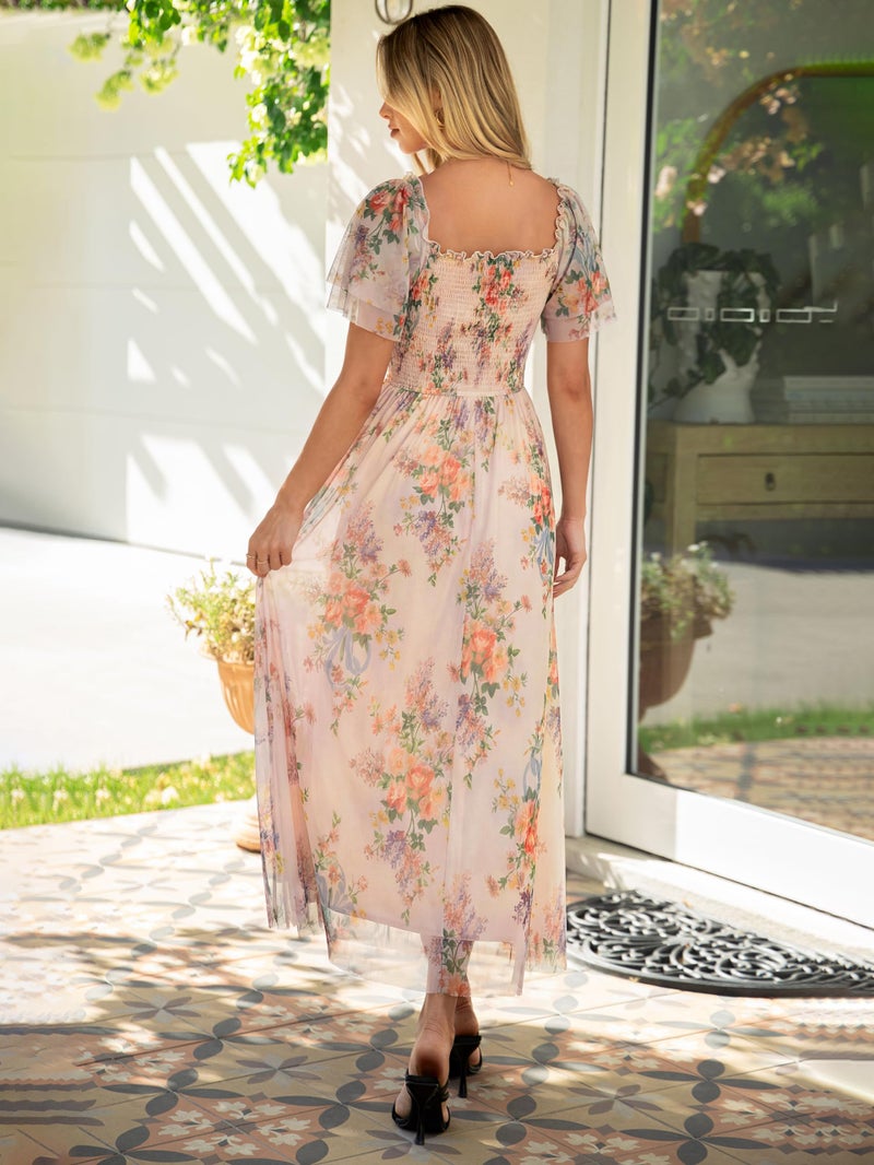 Simplee Womens Floral Maxi Dresses 2026 Summer Square Neck Mesh Short Sleeve Smocked Boho Flowy Wedding Guest Dress - Image 3