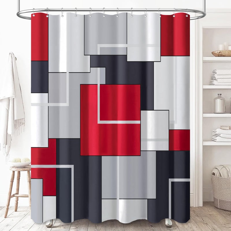 BTTN Red Fabric Shower Curtain  Modern Geometric Cloth Shower Curtain Set with Plastic Hooks  Water Repellent  Weighted Hem  Abstract Decorative Polyester Shower Curtains for Bathroom  72 x 72