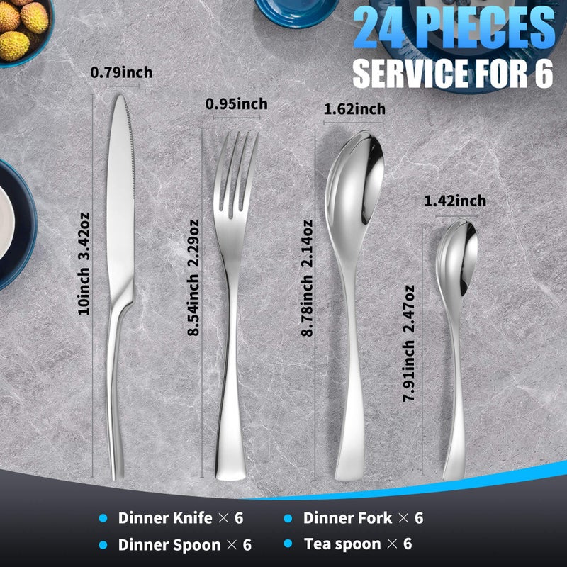 Lemeya 24-Piece Silverware Set for 6,Heavy Duty 18/10 Stainless Steel Cutlery Set with Forged Stand Knife,Modern Flatware Utensils Set,Forks Spoons and Knives Set,Mirror Polished,Dishwasher Safe - Image 3