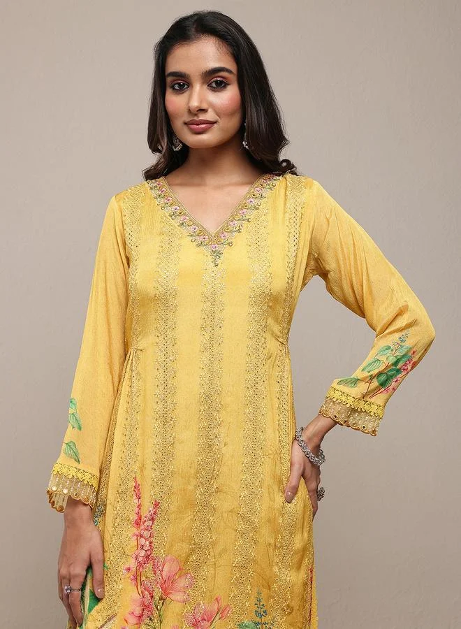 Libas  Mustard Embroidered Chinon Straight Kurta, Trousers and Dupatta Set for Women | Best Price UAE