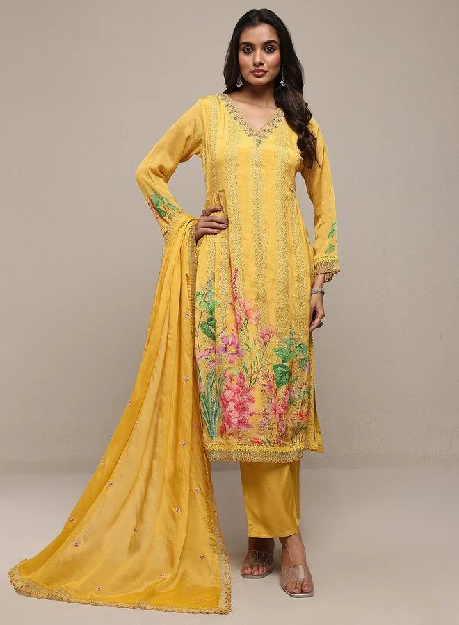 لباس Mustard Embroidered Chinon Straight Kurta, Trousers and Dupatta Set
