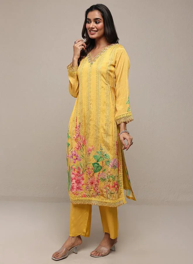 Libas  Mustard Embroidered Chinon Straight Kurta, Trousers and Dupatta Set for Women | Best Price UAE