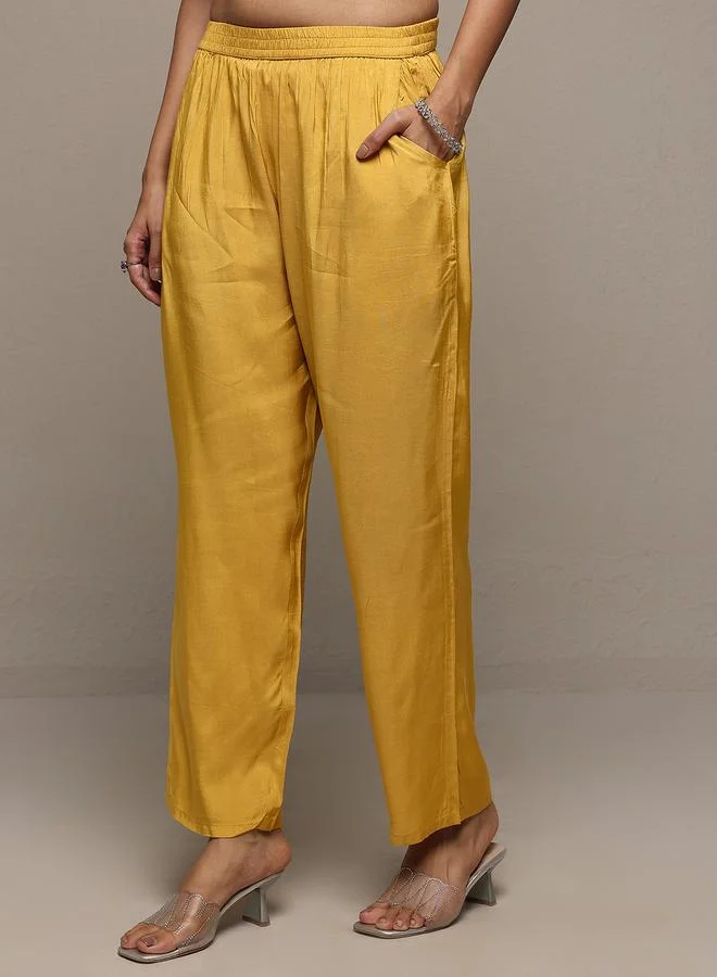 Libas  Mustard Embroidered Chinon Straight Kurta, Trousers and Dupatta Set for Women | Best Price UAE
