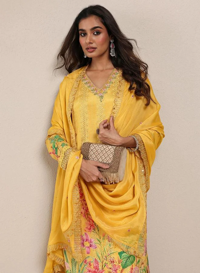 لباس Mustard Embroidered Chinon Straight Kurta, Trousers and Dupatta Set