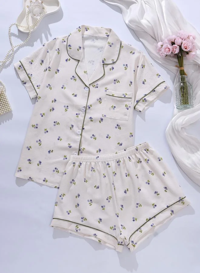 تايك تو White Graphic Print Shirt and Shorts Pajama Set