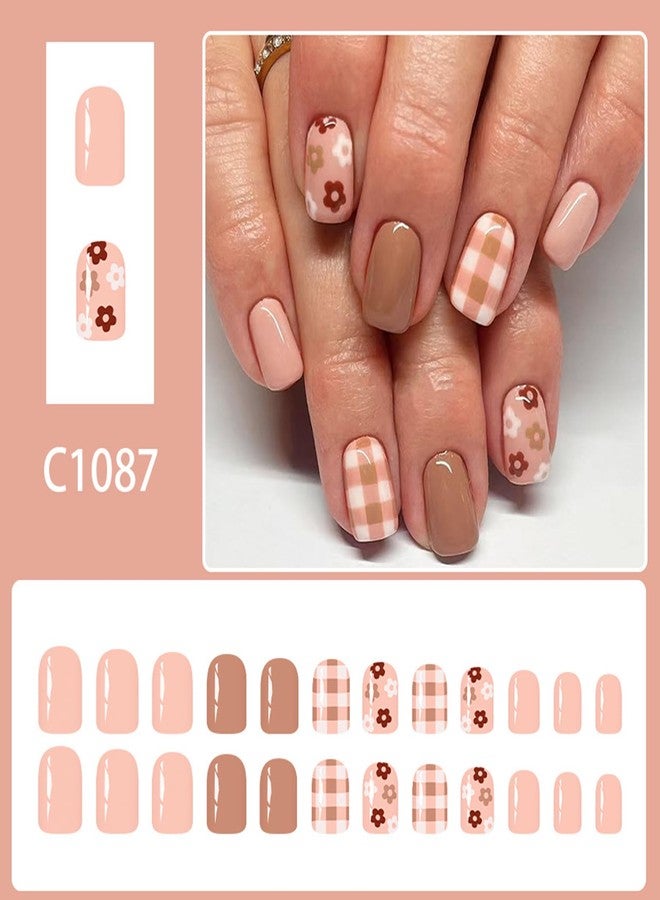 UCCASA 24Pcs Fall Short Press on Nails Flower False Nails Light Brown Fake Nails Cute Grid Floral Designs Autumn Acrylic Square Stick on Nails Glossy Glue on Nail Reusable Artificial Nail for Women - Image 2