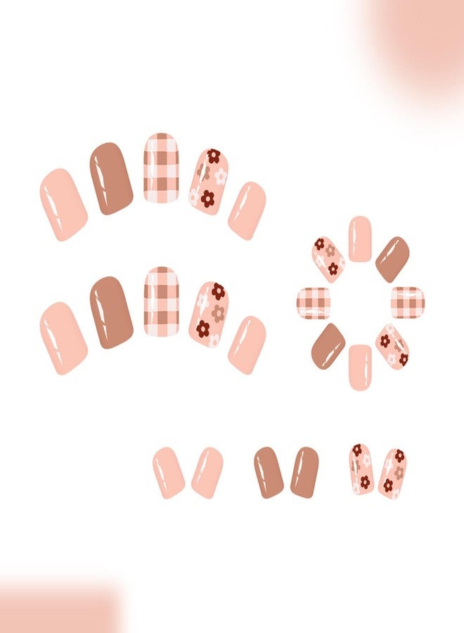 UCCASA 24Pcs Fall Short Press on Nails Flower False Nails Light Brown Fake Nails Cute Grid Floral Designs Autumn Acrylic Square Stick on Nails Glossy Glue on Nail Reusable Artificial Nail for Women - Image 3