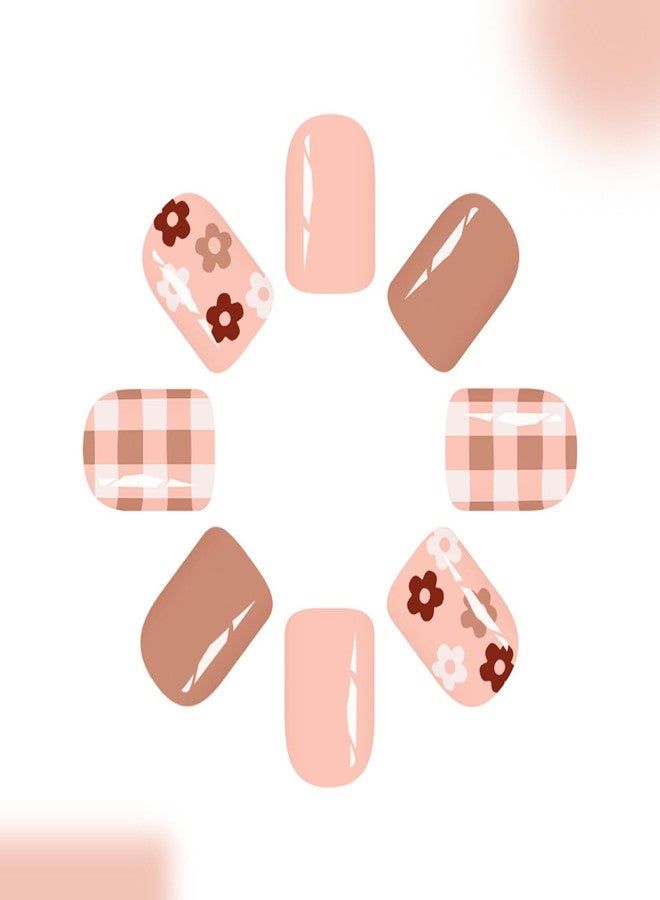 UCCASA 24Pcs Fall Short Press on Nails Flower False Nails Light Brown Fake Nails Cute Grid Floral Designs Autumn Acrylic Square Stick on Nails Glossy Glue on Nail Reusable Artificial Nail for Women - Image 5
