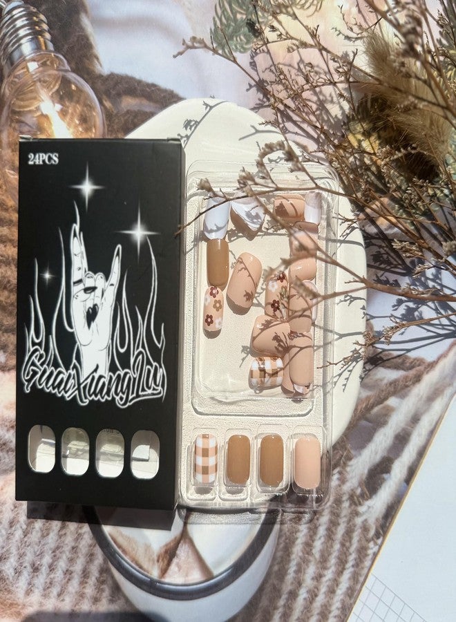 UCCASA 24Pcs Fall Short Press on Nails Flower False Nails Light Brown Fake Nails Cute Grid Floral Designs Autumn Acrylic Square Stick on Nails Glossy Glue on Nail Reusable Artificial Nail for Women - Image 4