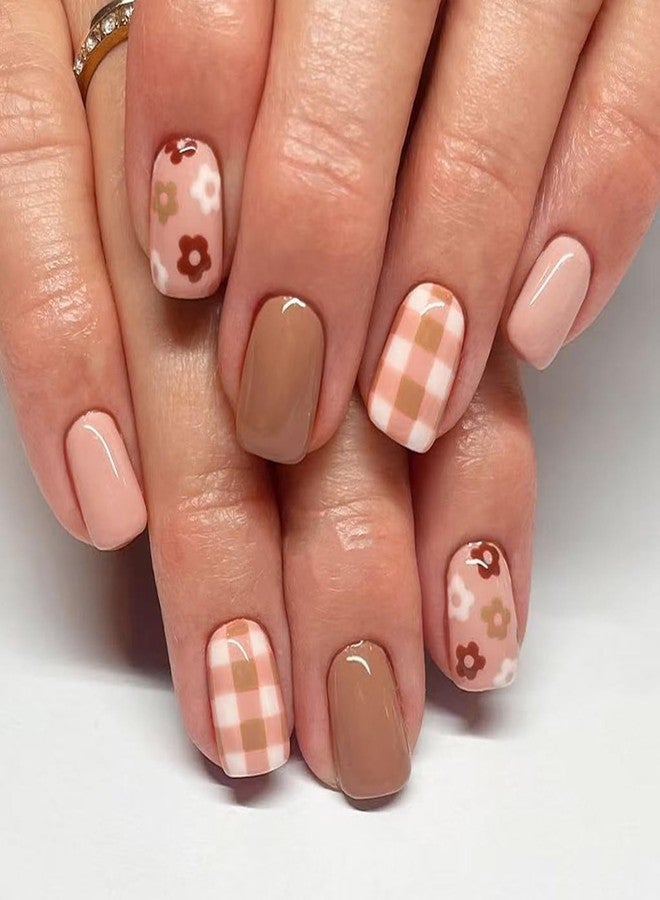 UCCASA 24Pcs Fall Short Press on Nails Flower False Nails Light Brown Fake Nails Cute Grid Floral Designs Autumn Acrylic Square Stick on Nails Glossy Glue on Nail Reusable Artificial Nail for Women - Image 1