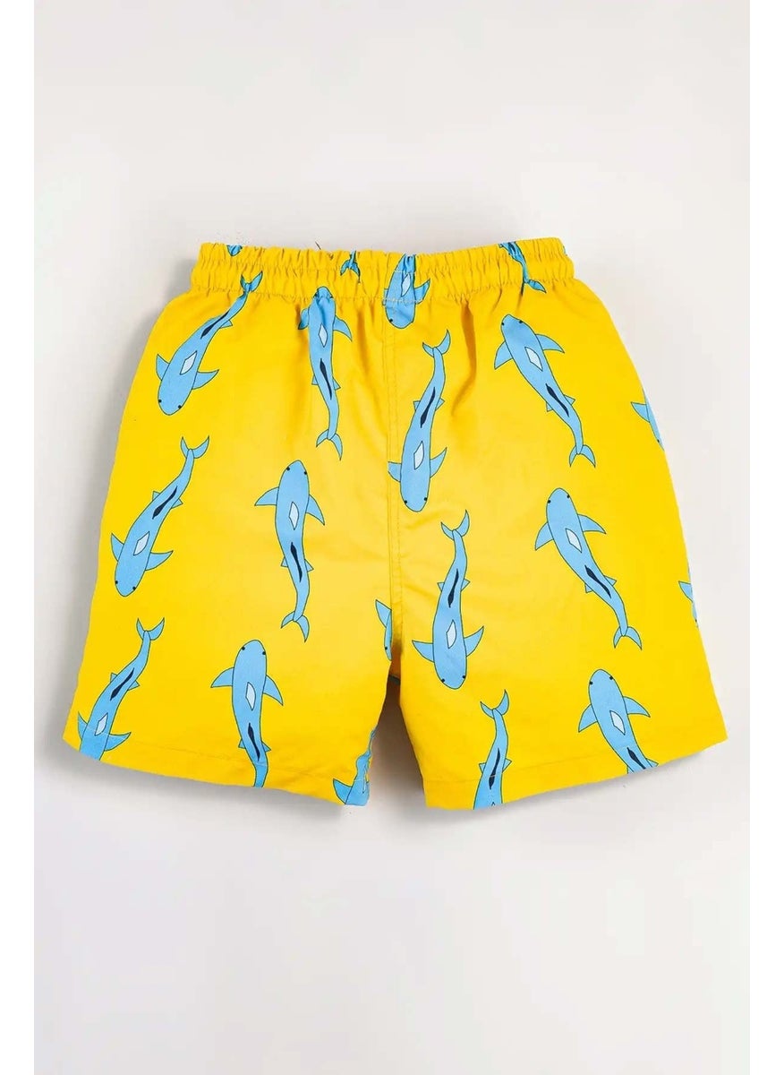 Gold Class Kidswear Shark Patterned Water Repellent Yellow Men's Swim Shorts  - Image 1