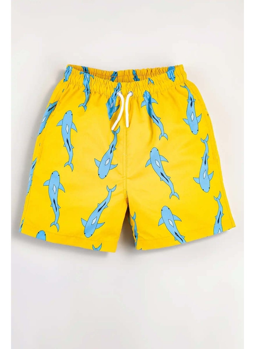 Gold Class Kidswear Shark Patterned Water Repellent Yellow Men's Swim Shorts  - Image 2