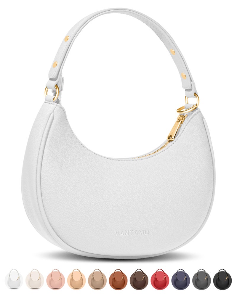 Vantamo Crescent Bags For Women with RFID Protection, Half Moon Clutch Purses for Women with Anti-Theft Clip for Extra Safety, Premium Smooth PU Leather Handbags for Work & Going Out, White Clutch - Image 1