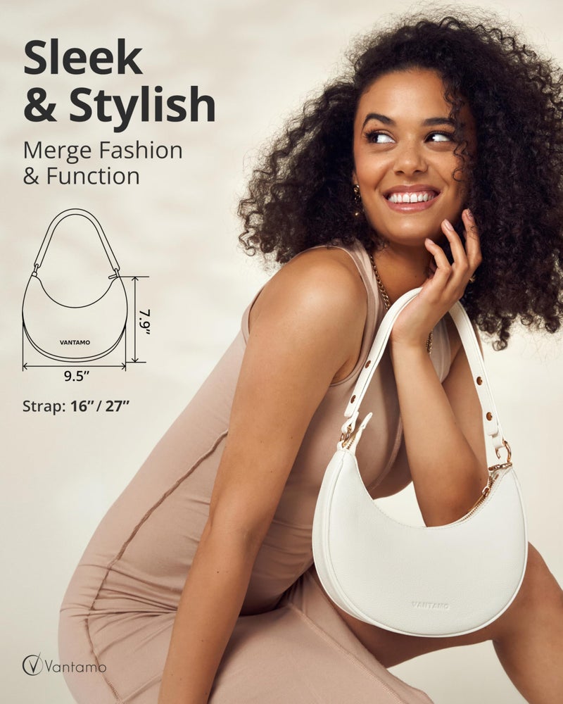 Vantamo Crescent Bags For Women with RFID Protection, Half Moon Clutch Purses for Women with Anti-Theft Clip for Extra Safety, Premium Smooth PU Leather Handbags for Work & Going Out, White Clutch - Image 2