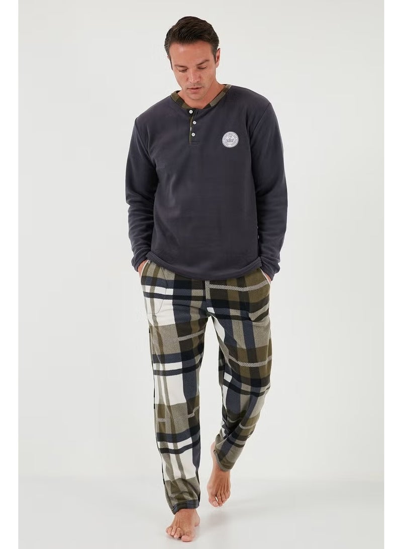 Buratti Plaid Regular Fit Buttoned Crew Neck Winter Fleece Pajama Set Men's Pajama Set 60961008 - Image 2