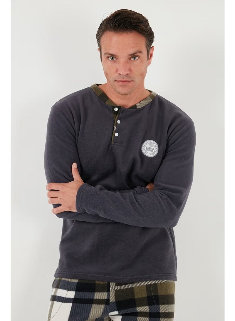 Buratti Plaid Regular Fit Buttoned Crew Neck Winter Fleece Pajama Set Men's Pajama Set 60961008 - Image 5