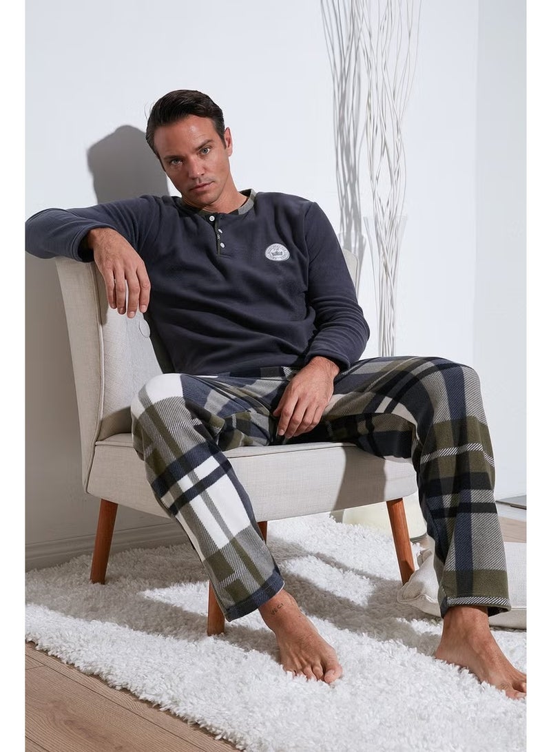 Buratti Plaid Regular Fit Buttoned Crew Neck Winter Fleece Pajama Set Men's Pajama Set 60961008 - Image 1