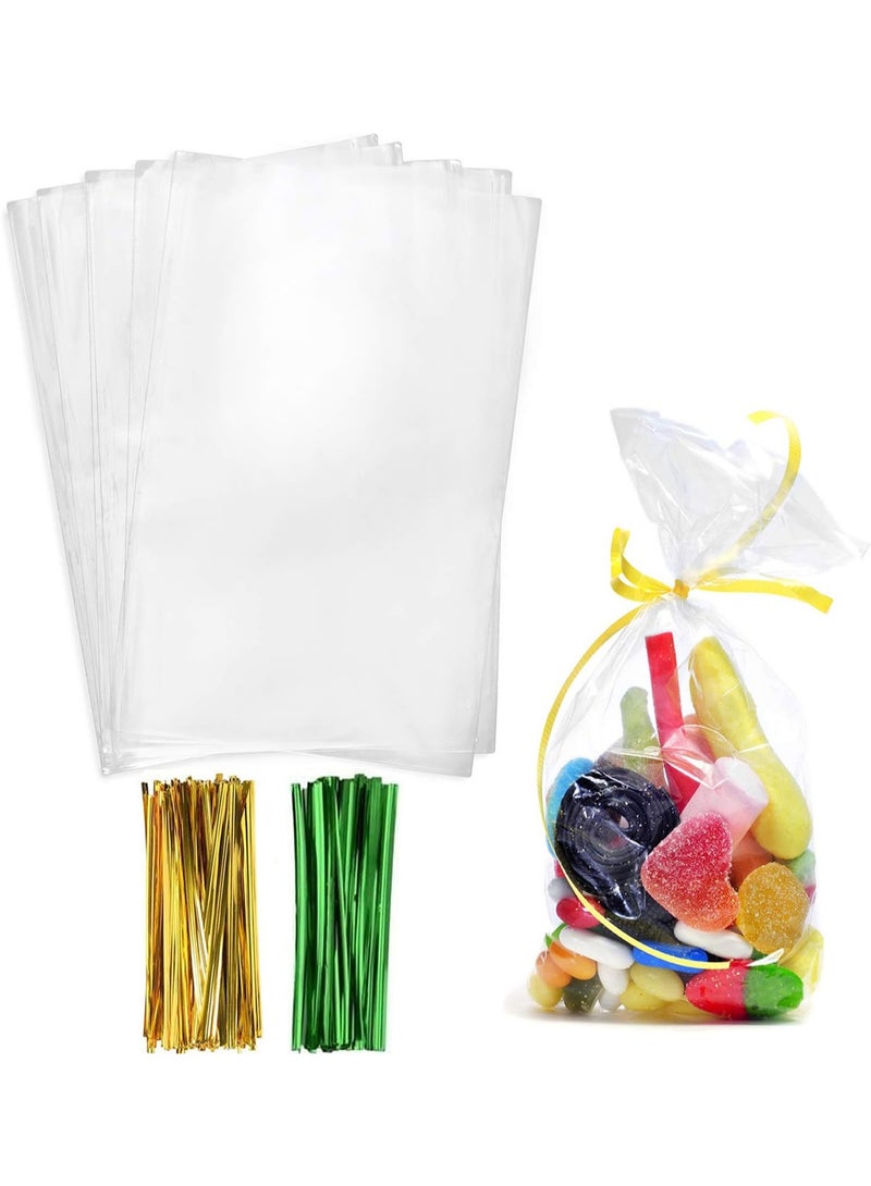Cellophane Treat Bags, Clear Cellophane Bags 200 Pcs OPP Plastic Treat Bags with 200 Twist Ties for Gift Wrapping,Packaging Candies,Dessert,Bakery, Cookies, Chocolate,Party Favor 13x25 Cm - Image 1