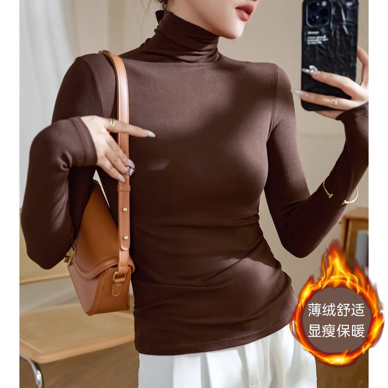 High Elastic Threaded Cotton Turtleneck Bottoming Shirt Women's Long-Sleeved T-Shirt 2025 Autumn and Winter Wear with Slim Fit Right Shoulder Top - Image 1
