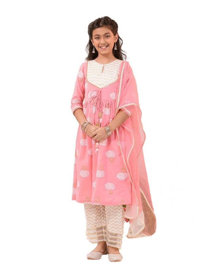 Pspeaches Girls Floral Printed Regular Pure Cotton Kurta with Trousers Dupatta - Image 1