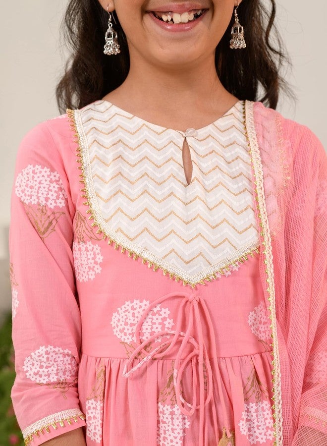 Pspeaches Girls Floral Printed Regular Pure Cotton Kurta with Trousers Dupatta - Image 2