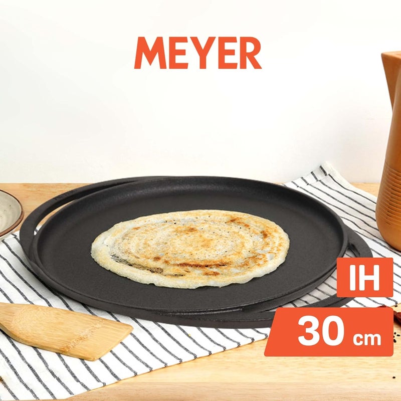 MEYER Pre-Seasoned Cast Iron Flat Dosa/Roti/Chapati Tawa Pan with 2 Side Handle, Dosa Kallu, Iron Tawa Big Size | Gas and Induction Compatible | 30cm, Black - Image 2