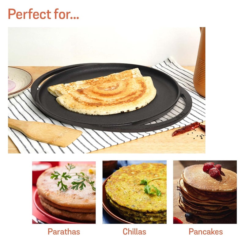 MEYER Pre-Seasoned Cast Iron Flat Dosa/Roti/Chapati Tawa Pan with 2 Side Handle, Dosa Kallu, Iron Tawa Big Size | Gas and Induction Compatible | 30cm, Black - Image 3