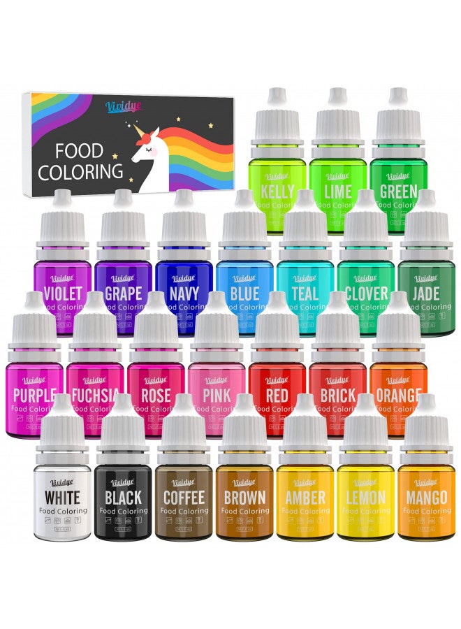 Vividye مجموعة ألوان الطعام - 24 لون زاهي لمجموعة ألوان الطعام للخبز، تزيين الكعك، الفوندان، البسكويت والماكرون - صبغة طعام سائلة بلا طعم لصنع الحرف اليدوية - زجاجات سعة .25 أونصة سائلة - Image 1