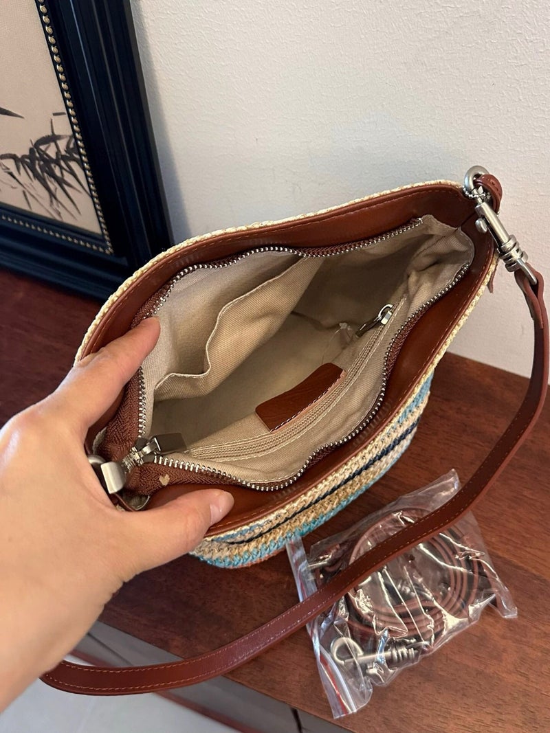 Original Niche Casual Simple Stripesd Versatile Armpit Bag Textured Straw With Cowhide Large Capacity Single Shoulder Bag For Women Trendy - Image 4