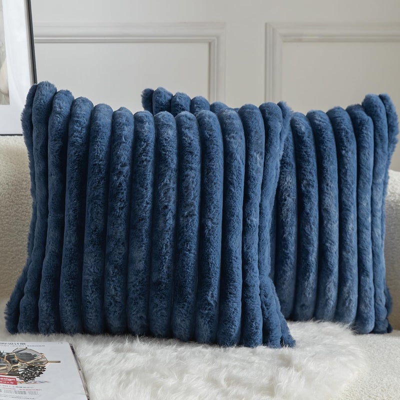 MANDIOO Pack of 2 Decorative Throw Pillow Covers Faux Fur Striped Plush Soft Cushion Covers Pillow Cases Bedroom Living Room Sofa Home 24x24 Inch Blue - Image 1