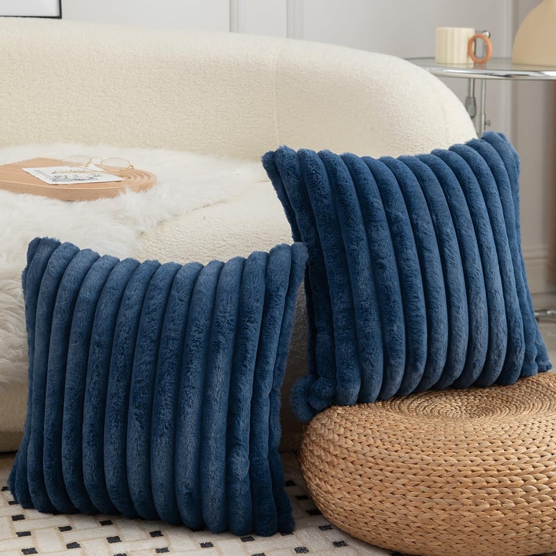 MANDIOO Pack of 2 Decorative Throw Pillow Covers Faux Fur Striped Plush Soft Cushion Covers Pillow Cases Bedroom Living Room Sofa Home 24x24 Inch Blue - Image 4