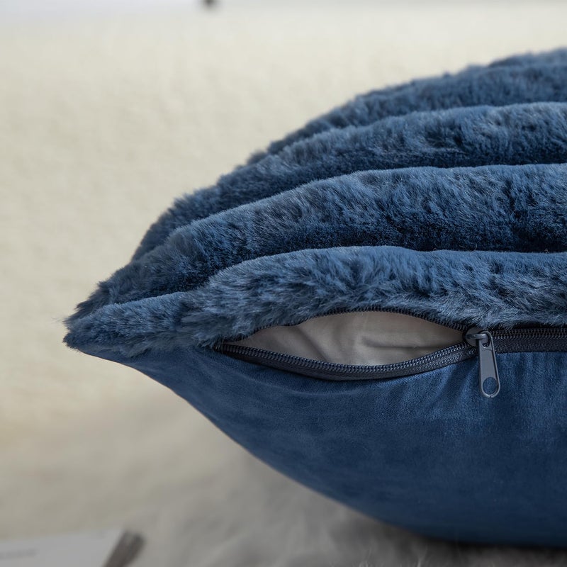 MANDIOO Pack of 2 Decorative Throw Pillow Covers Faux Fur Striped Plush Soft Cushion Covers Pillow Cases Bedroom Living Room Sofa Home 24x24 Inch Blue - Image 3