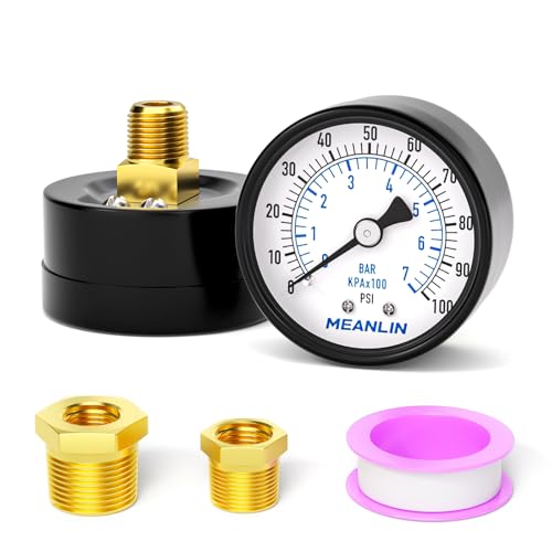 MEANLIN MEASURE 0-100Psi 2" DIAL FACE 1/4" NPT Well Pump Pressure Gauge, with 1/2" NPT and 3/8" NPT Hex Bushing, 3-2-3% Accuracy, Center Back Mount - Image 1